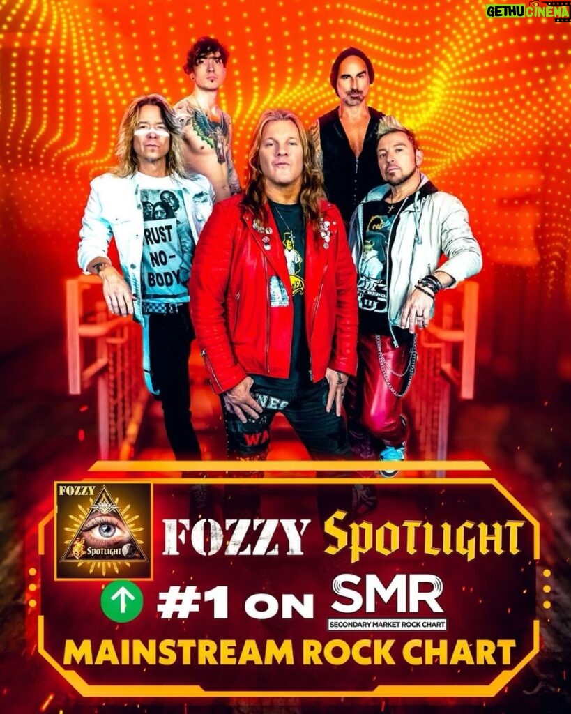 Chris Jericho Instagram - We are so excited to see #Spotlight hit the TOP of the #SMR Mainstream Rock Charts! This is @fozzyrock’s FIRST NUMBER ONE and we could not be more proud!! See everybody NEXT WEEK in the UK! Tix and VIPs still available for most gigs at fozzyrock.com! @iheartradio