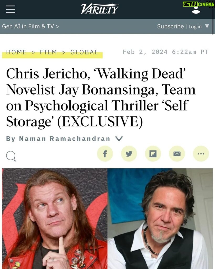 Chris Jericho Instagram - The cat is out of the bag! So excited to share that writer & director @jbonansinga (@amcthewalkingdead, @lionsgate’s #TheKillersGame) and I are teaming up for the psychological thriller, ‘Self Storage’! 🎬 Thanks to @variety for breaking the news! The film is based on Bonansinga’s 2016 novel of the same name. It centers on a heroin-addicted father and his son who accidentally lock themselves inside a self-storage unit; surviving will depend on a battle with demons …both real and manufactured …by drug withdrawal. The film will be executive produced by my ‘Babyface Assassin Productions’, alongside Bonansinga & Jeff Siegel for Delirium Tremens and Jason Cherubini for Dawn’s Light. Besides executive producing, I will also be appearing in a key supporting role. Production begins soon! #babyfaceassassinproductions #selfstorage #movies