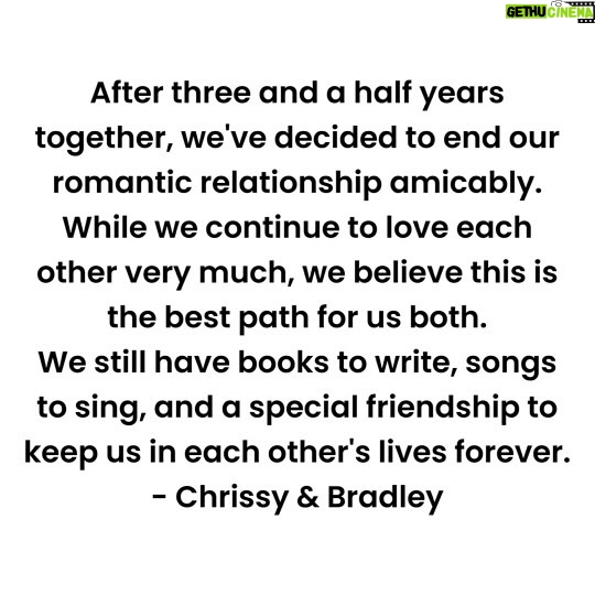 Chrissy Metz - 48.1K Likes - After three and a half years together, we've decided to end our romantic relationship amicably.
While we continue to love each other very much, we believe this is the best path for us both.
We still have books to write, songs to sing, and a special friendship to keep us in each other's lives forever.
- Chrissy & Bradley