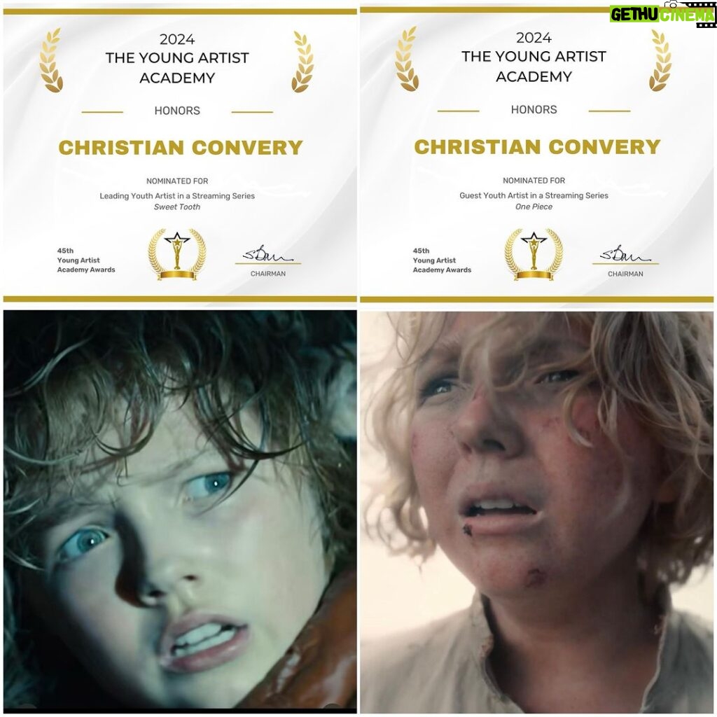 Christian Convery Instagram - Thank you @youngartistawds for my nominations in @sweettoothnetflix for my role as Gus and in @onepiecenetflix as Young Sanji!!! So thrilled and honoured!! So many amazing artists in these categories!! #youngartistawards