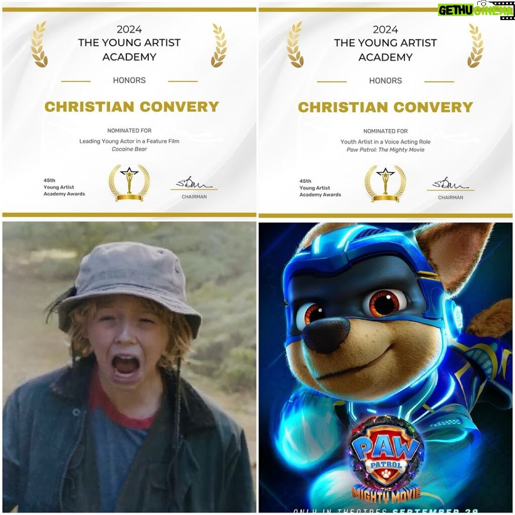 Christian Convery Instagram - So excited and honoured to be nominated alongside such talented actors for my role of Henry in @cocainebear and for my role as Chase in @pawpatrolmovie for the @youngartistawds !!!! Thank you!🙏✨