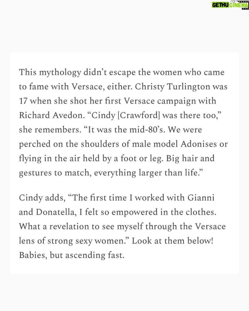 Cindy Crawford Instagram - Baby in @versace. So fun to read @laurabrown99’s love letter to Gianni and Donatella in her latest newsletter - link in stories 💌