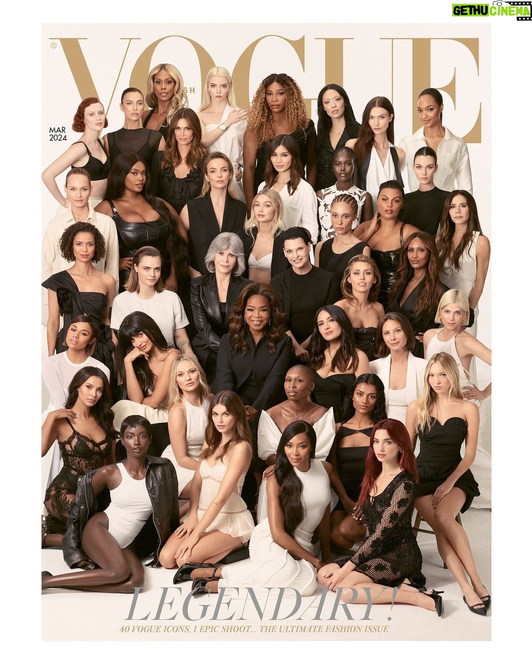 Cindy Crawford Instagram - Honored to join these women on the cover of @britishvogue this month β 40 icons by @stevenmeiselofficial π€ Thank you @edward_enninful @guidopalau @patmcgrathreal @jinsoonchoi @AdwoaAboah, @AdutAkech, @SimoneAshley, @VictoriaBeckham, @SelmaBlair, @Naomi, @Vittoria, @GemmaChan, @JodieMComer, @LaverneCox, @MileyCyrus, @ArianaDebose, @CaraDelevingne, @JourdanDunn, @Palomija, @MissKarenElson, @CynthiaErivo, @LindaEvangelista, @JaneFonda, @KaiaGerber, @GigiHadid, @SalmaHayek, @The_Real_Iman, @MayaJama, @JameelaJamil, @KarlieKloss, @PreciousLeexoxo, @DuaLipa, @GuguMbathaRaw, #KateMoss, @LilaMoss, @RinasOnline, @IrinaShayk, @AnyaTaylorJoy, @CTurlington, @AmberValletta, @SerenaWilliams, @Oprah, @AnokYai