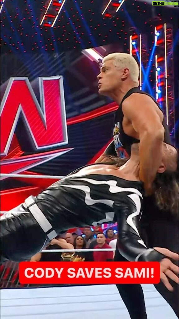 Cody Runnels Instagram - @americannightmarecody saved @samizayn from a brutal beatdown at the hands of @dmcintyrewwe and @shinsukenakamura! 😤🔥 #WWERaw