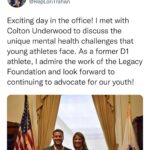 Colton Underwood Instagram - I came to Washington D.C. yesterday to meet with Members of Congress and their staff to discuss the mental health care crisis in our country. At a time when it can seem like we are divided on everything, this is an issue that unites. Everyone has a story of a loved one struggling with their mental health, and we have made great strides in talking about it more openly. I met with Members of the House and Senate on both sides of the aisle, and each of them had personal stories that made them want to make progress here. Specifically, I asked them to support legislation that would increase resources for student athletes who face enormous pressure on and off the court (field/rink/etc.). :) Thank you to each of these Members for taking the time to meet with me and to their dedicated staff who work hard to make our country better. I’ll be back soon because this is important, and it’s an issue we can reach across the aisle to address.