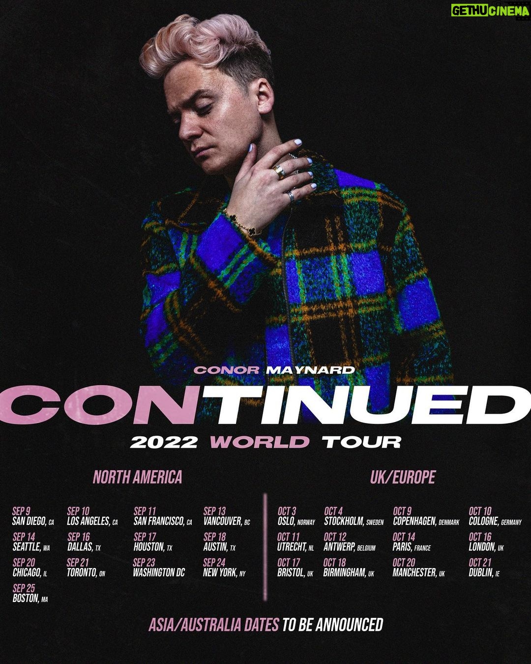 Conor Maynard Instagram - IM GOING ON A WORLD TOUR! I cannot wait to see all your wonderful faces again (and a bunch of new ones as well π€πΌ) Tickets go on sale this coming Friday 22nd April at 10am local time, EXCEPT for the UK shows, where tickets will go on sale at 10am local time on Friday 29th April (Next Friday)!!! The link for tickets is in my bio.. see you all there π