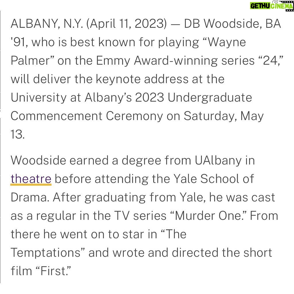 D.B. Woodside Instagram - I am truly honored to be a commencement speaker on Saturday at my undergrad alma mater, @ualbany. I have many fond student memories from there which shaped me not only as an actor but as a person too. I look forward to sharing some thoughts with the class of 2023! #ualbany #greatdanes #purpleandgold 💜💛