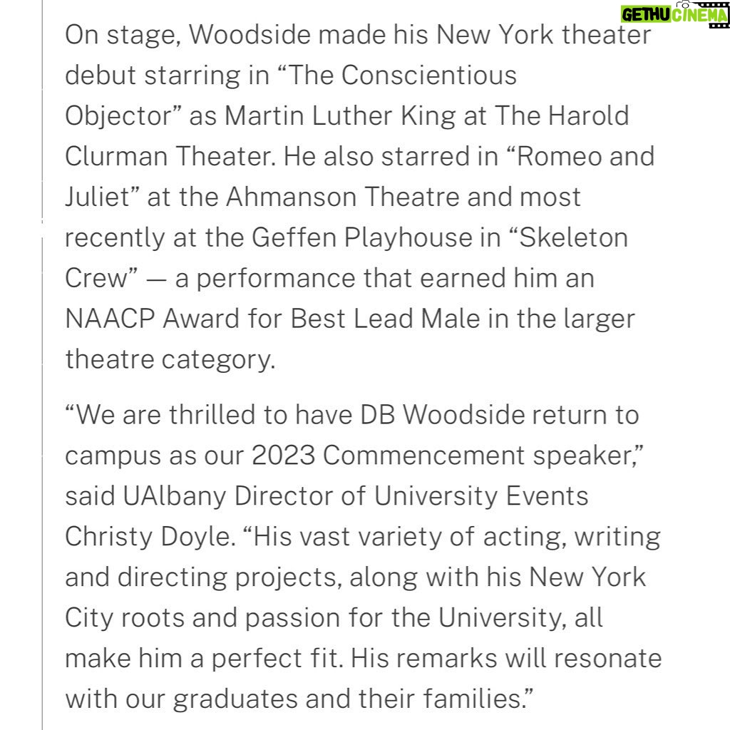 D.B. Woodside Instagram - I am truly honored to be a commencement speaker on Saturday at my undergrad alma mater, @ualbany. I have many fond student memories from there which shaped me not only as an actor but as a person too. I look forward to sharing some thoughts with the class of 2023! #ualbany #greatdanes #purpleandgold 💜💛