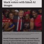 D.L. Hughley Instagram – “FAKE IT ‘TILL YOU… FAKE IT SOME MORE”
#TeamDL

Source – @keithboykin :
The BBC discovered dozens of widely circulated deepfake photos on the Internet portraying Black people as supporting Donald Trump. 

The creator of this image is Mark Kaye, a conservative white male radio host from Florida, who told the BBC: “I’m not claiming it’s accurate…If anybody’s voting one way or another because of one photo they see on a Facebook page, that’s a problem with that person, not with the post itself.”