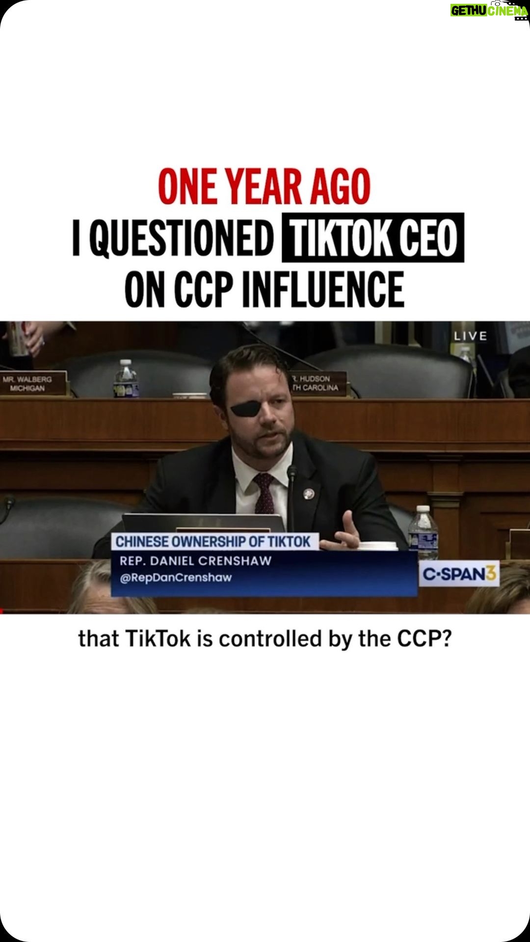 Dan Crenshaw Instagram - A year ago, I questioned the CEO of TikTok about its ties to the Chinese Communist Party. He gave misleading statements then, and TikTok continues to lie to their users now. Today we saw TikTok at desperate levels. They required users to enter their zip code before gaining access to the app — why? Two reasons. 1. To gain more data from you, and 2. to force you to call Congress in support of TikTok. Look, I know there’s a lot of Gen-Zers who love TikTok and think we’re blowing this out of proportion. We’re not. With data, there’s power. The CCP can choose what you see and how you see it. They can make you believe things that aren’t true and encourage you to do things you shouldn’t. This is China’s goal. The demise of America, starting with our youth. That’s why lawmakers — both Republicans and Democrats — have joined together to stop the Chinese Communist Party from manipulating millions of Americans.