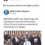 Dan Crenshaw Instagram - If the Biden admin is going to ignore their responsibility of securing the border, it’s time to take matters into our own hands. @govabbott just signed into law new measures that empowers police to arrest anyone who crosses the border illegally. This law also grants judges the authority to order illegal immigrants to leave immediately, effectively placing deportation powers in the hands of the state of Texas. You don’t get to be let loose into the country if you cross illegally. Actions have consequences, and here they are.