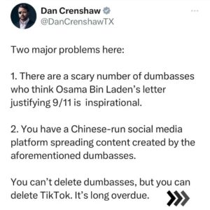Dan Crenshaw Instagram - There’s a serious problem with our education system when all it takes is one letter from a terrorist to “blow your mind” or “totally change your perspective.”

It means you had no perspective to begin with, and probably not much of a mind either. 

Foundational education is important. But teachers think they’re being “edgy” by starting out with the exceptions instead of the rules. The end result is a bunch of kids that have no context or frameworks through which to view the world.