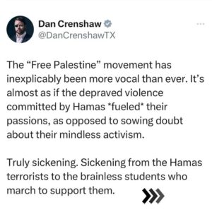 Dan Crenshaw Instagram - You need to do some serious soul-searching if you can read stories like these and still scream “fReE pAlEsTiNe!!!!” 

These stories are extremely graphic, but they need to be shared. We keep saying that this is who Hamas really is, but too many blatantly ignorant people are refusing to listen. It’s almost like they don’t want this false image they’ve created to be shattered, but it’s time to wake the hell up. 

And before you start screaming AGAIN about “needing proof”, @JotamConfino points out that this is an ongoing investigation… these are real victims, with real families. Have some damn respect and let them mourn while law enforcement finds the monsters who did this.
#israel #gaza #palestine #hamasterrorists