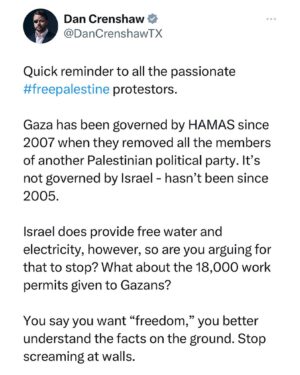 Dan Crenshaw Instagram - Hey #freepalestine crowd, answer these questions real quick ☝️☝️