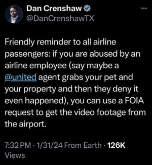Dan Crenshaw Instagram - And if you do have an incident on video, feel free to DM me and we will help you expose them. Should airline agents have to wear body cams? Comment below.