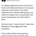 Dan Crenshaw Instagram - Yesterday 3 American soldiers stationed in Jordan were killed and 25 more were injured in a drone attack. Jordan is not a war zone, per se, therefore this represents a major escalation by Iranian backed militias, attacking Jordanian territory. Iran is responsible for this tragedy, but so is Biden’s tepid foreign policy. Today another report shows that the DOD failed to stop the drone attack due to confusion as to whether the drone was a U.S. asset or a hostile one. That’s an unacceptable error that needs to be addressed. God bless our men and women in uniform, keep their family in your prayers.