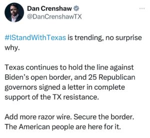 Dan Crenshaw Instagram - Turns out a majority of the country supports defending the border. Who would have thought? #IStandWithTexas