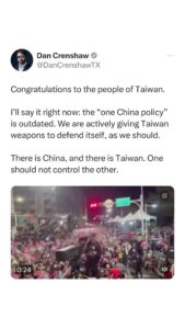 Dan Crenshaw Instagram - Congratulations William Lai, the next President of Taiwan. Proud to see democracy stand with the Taiwanese people for another 4 years.