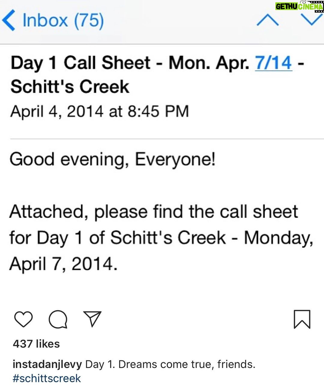 Dan Levy Instagram - Started the show on April 7th. Ended the show on April 7th. Had no idea how many dreams would come true. #schittsfinale