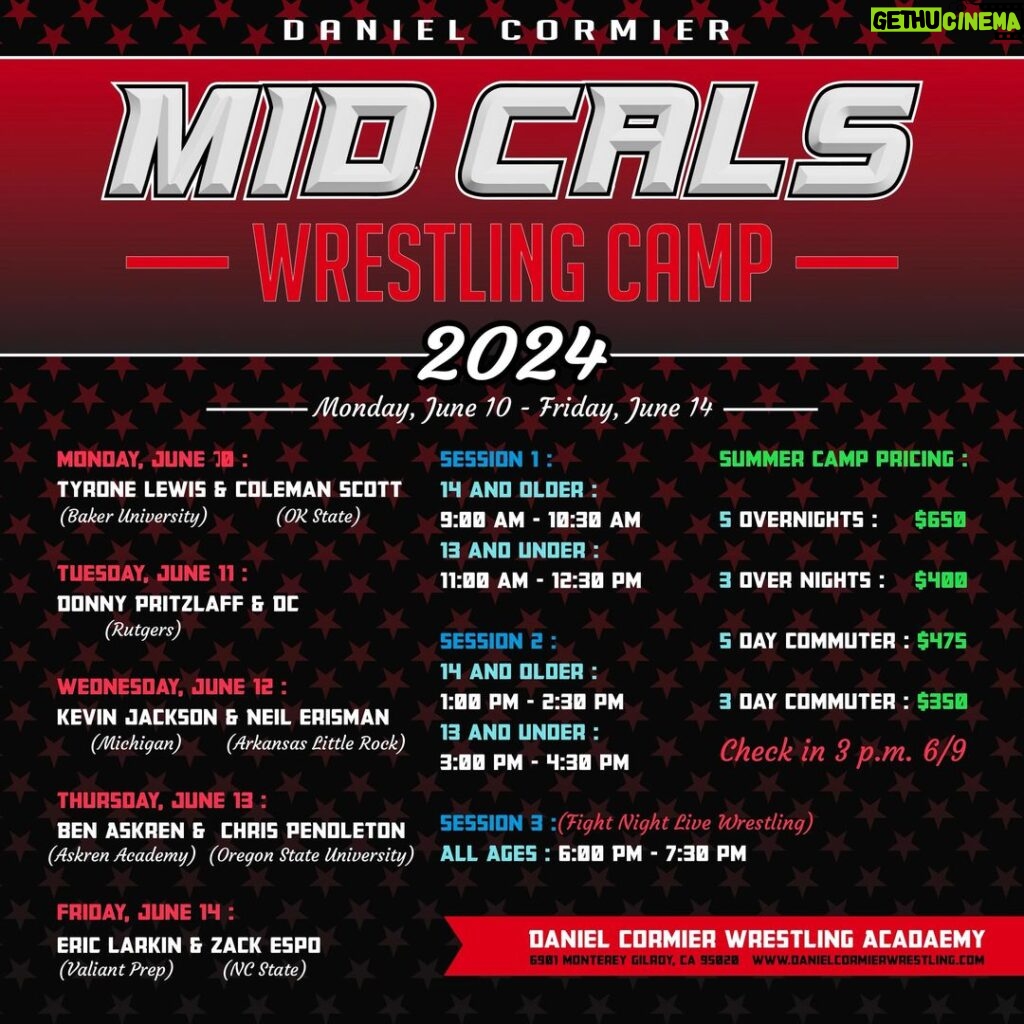 Daniel Cormier Instagram - Our annual Midcals Camp got even bigger, we have the most elite camp in California. Guys this summer we have coaches from Oklahoma State, Rutgers, Michigan, NC State, Oregon State , Baker University and two of the most elite youth coach in the country in NCAA champions Ben Askren and Eric Larkin of the Askren academy and valiant prep academy. Guys it will fill up quick so register now at my wrestling website. Www.danielcormierwrestling.com. I offer payment plans so that anyone can make it happen. This camp is open to everyone! Go now ! @danielcormierwrestlingacademy @gilroywrestling