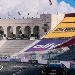Daniel Wu Instagram - Getting the tour of the #nascarclash 1/4 mile track inside the LA Colosseum from @dennyhamlin ahead of the race this Sunday. Short and sweet. #wearestudentdrivers #nascar @nascar @toyotausa L.A. Collesium