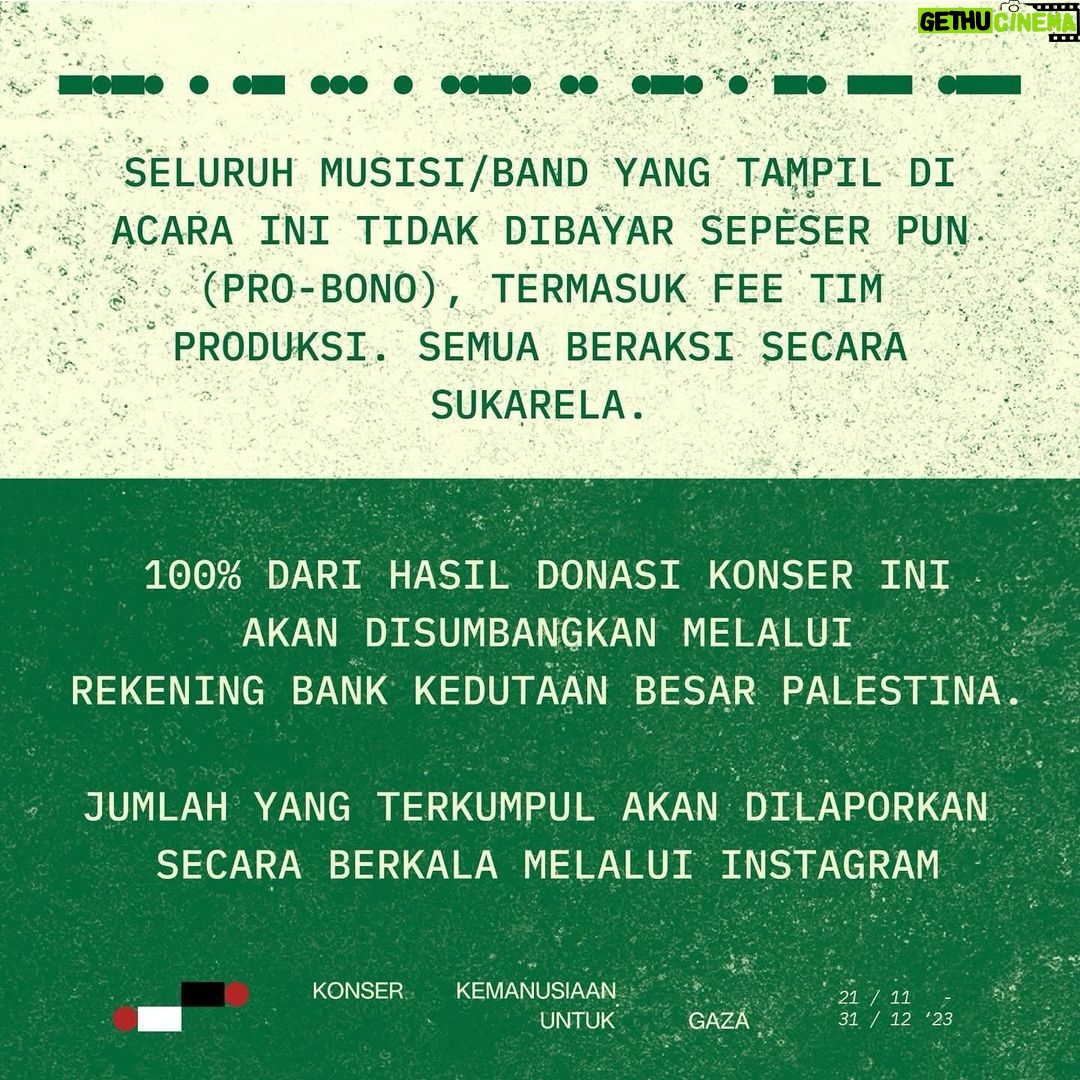Danilla Riyadi Instagram - BUKAN KONSER BIASA. INI KONSER UNTUK MEREKA YANG TERPENJARA DAN TERANIAYA DI TANAH AIRNYA SENDIRI! 🇵🇸 16 artis 🇮🇩 sepakat bergerak dan bersuara bersama selama 7 hari kerja dalam 1 misi sukarela kemanusiaan dan solidaritas Palestina. Donasi kehadiran untuk rangkaian konser ini sudah bisa diperoleh melalui @loketcom mulai hari ini. Tempat sangat terbatas, pastikan dirimu menjadi bagian di dalamnya. Seluruh hasil donasi dari konser ini akan ditampung oleh rekening bank M Bloc Foundation (Yayasan Radar Budaya Kreatif) dan bakal disalurkan via rekening bank resmi Kedubes Palestina setelah konser terakhir selesai. Laporan terkini hasil donasi akan dilakukan secara berkala via akun ini. From the river to the sea…. #stopthegenocide #westandwithpalestine #mblocspace