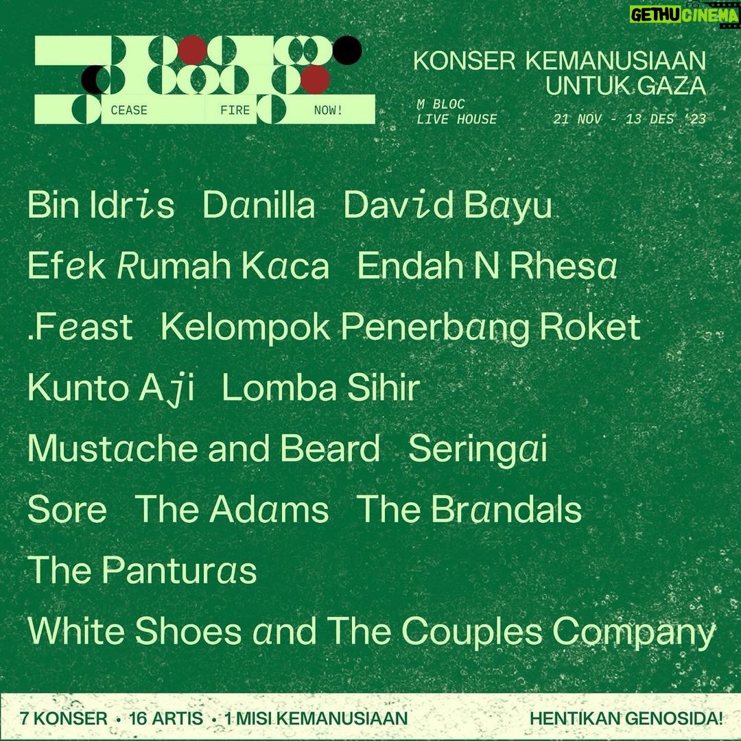 Danilla Riyadi Instagram - BUKAN KONSER BIASA. INI KONSER UNTUK MEREKA YANG TERPENJARA DAN TERANIAYA DI TANAH AIRNYA SENDIRI! 🇵🇸 16 artis 🇮🇩 sepakat bergerak dan bersuara bersama selama 7 hari kerja dalam 1 misi sukarela kemanusiaan dan solidaritas Palestina. Donasi kehadiran untuk rangkaian konser ini sudah bisa diperoleh melalui @loketcom mulai hari ini. Tempat sangat terbatas, pastikan dirimu menjadi bagian di dalamnya. Seluruh hasil donasi dari konser ini akan ditampung oleh rekening bank M Bloc Foundation (Yayasan Radar Budaya Kreatif) dan bakal disalurkan via rekening bank resmi Kedubes Palestina setelah konser terakhir selesai. Laporan terkini hasil donasi akan dilakukan secara berkala via akun ini. From the river to the sea…. #stopthegenocide #westandwithpalestine #mblocspace