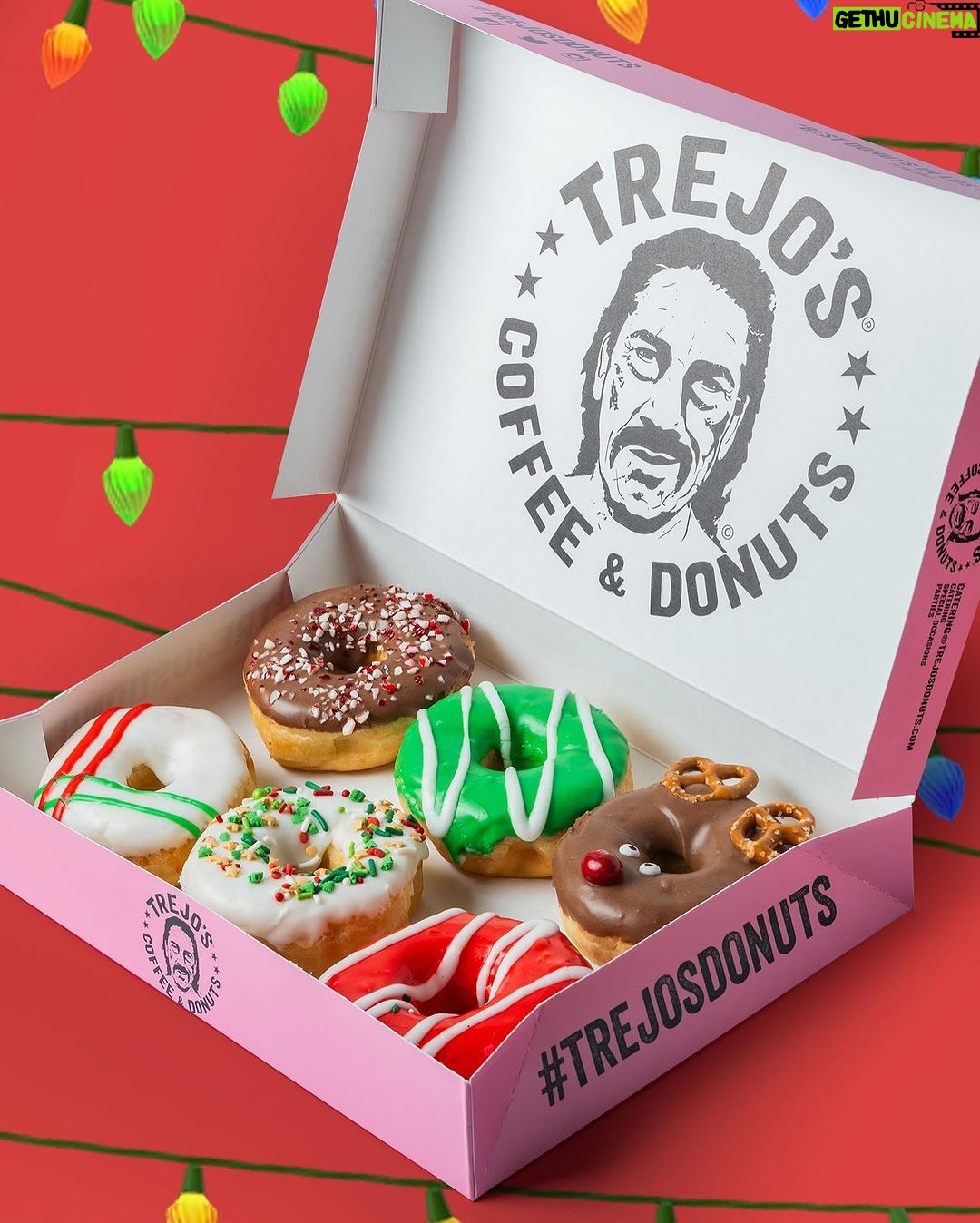 Danny Trejo Instagram - Deck the halls with festive joy and Christmas Donuts at Trejo’s Donuts! 🎄🍩 Unwrap the sweetness of the season with these 6 delicious donuts! 🦌Rudolph The Rednose Reindeer Chocolate abuelita with candied eyes, m&m nose and pretzel antlers 🎄Ornament Filled donut with spiced apple jam filling, buttermilk glaze and design 🎅Candy Cane Chocolate abuelita glaze with candy cane sugar glaze 🎁Holiday Gift Buttermilk glaze with buttermilk drizzle 🤶Christmas Cumpleanos Buttermilk glaze with Christmas sprinkles 👼Merry & Bright Red/Green Buttermilk glaze Open daily 7AM-4PM 📍6785 Santa Monica Blvd, Los Angeles #trejostacos #trejosdonuts #trejoscantina #trejoscerveza #trejosdonutsandcoffee #coffeeshop #losangeles #donuts #dannytrejo #breakfast #bakers #donutsandcoffee Trejo's Coffee & Donuts