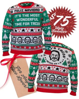 Danny Trejo Instagram - 🌮🎄Tis the season to eat tacos! 🌮🎄

Spice up your holiday style with the Trejos Tacos Ugly Christmas Sweater featuring the iconic Danny Trejo! Embrace the festive spirit with a dash of taco flair, guaranteed to make your celebrations merry and bold. 🌮🎄

Available now in our IG store or via the link in our bio!

#trejostacos #trejosdonuts #trejoscoffeeanddonuts #trejoscantina #trejoscerveza #dannytrejo #tacos #margaritas #frozenmargaritas #tequila #happyhour #burritos #quesadilla #tostadas #uglychristmassweater #christmas #xmas