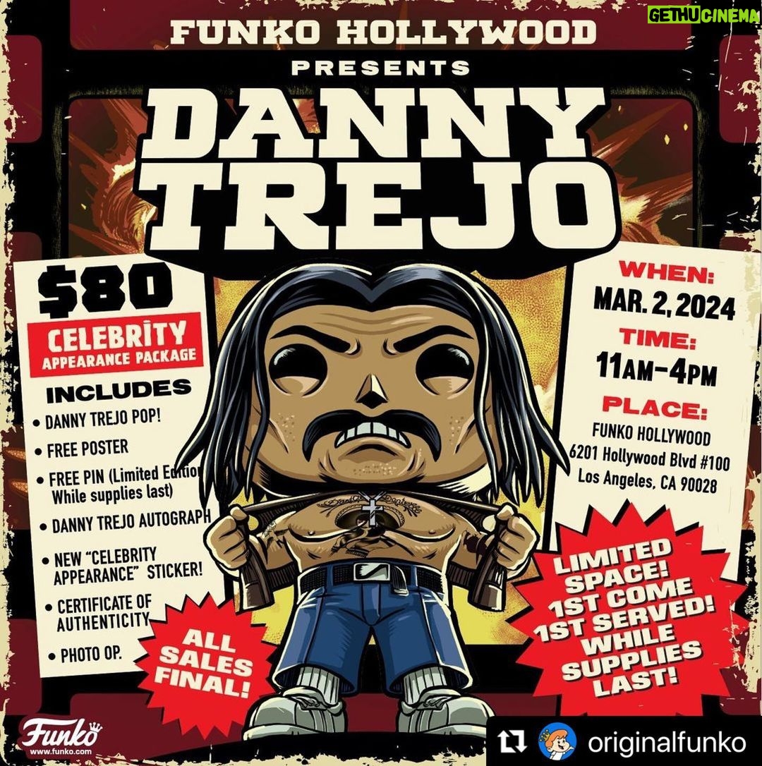 Danny Trejo Instagram - #Repost @originalfunko Get ready for Danny Trejo at Funko Hollywood on Saturday 3/2! Here’s all the info you’ll need to prep for this incredible opportunity to meet Danny Trejo and snag some awesome merch! See you there! #Funko #FunkoHollywood