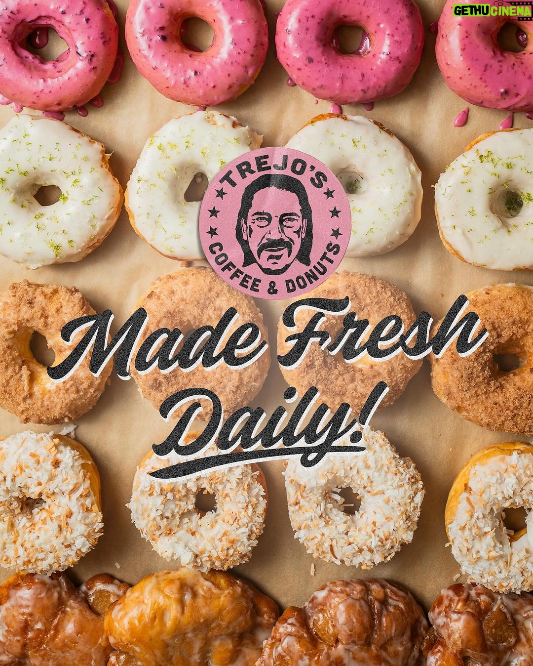 Danny Trejo Instagram - Trejo’s Donuts are made fresh daily! Come pick up a box of our donuts like the filled mix-berry Berry Bomb all the way to the classic buttermilk glazed Cumpleanos! 🍩 Open daily 7AM-4PM 📍6785 Santa Monica Blvd, Los Angeles #trejostacos #trejosdonuts #trejoscantina #trejoscerveza #trejosdonutsandcoffee #coffeeshop #losangeles #donuts #dannytrejo #breakfast #bakers #donutsandcoffee Trejo's Coffee & Donuts