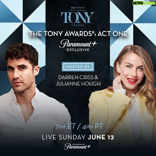 Darren Criss Instagram - The spectacular @juleshough and I are hosting “The Tony Awards: Act One” 6/12 at 7pm ET/4pm PT. I know you’re thinking DARREN WHAT DOES THAT EVEN MEEEAAAAANNN well you can check it out on @paramountplus before @TheTonyAwards live show on CBS to find out!