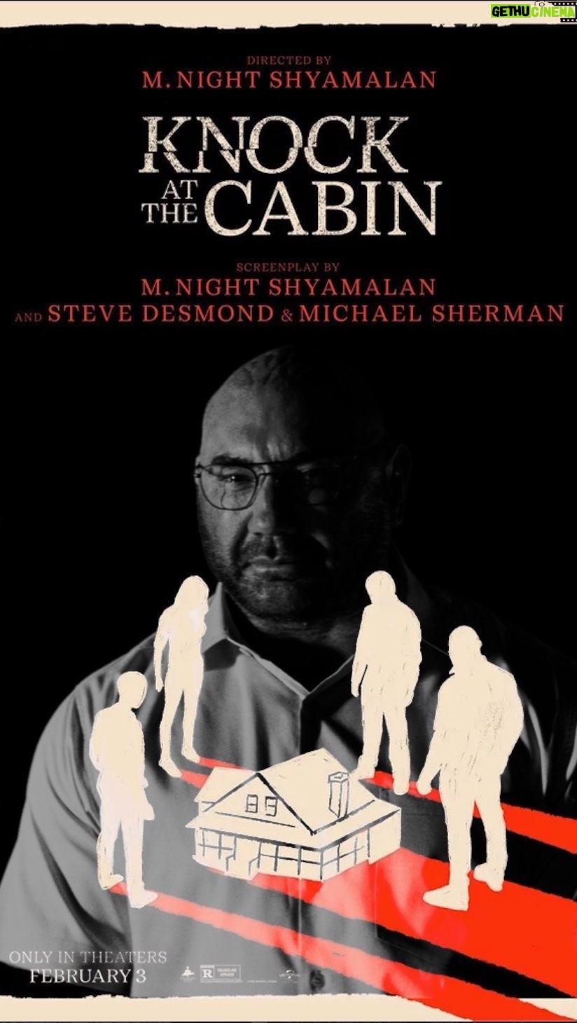 Dave Bautista Instagram - I ain’t givin’ away no spoilers, but let me tell you, @KnockAtTheCabin is gonna have you on the edge of your seat until the very end. Don’t miss it in theaters 2.3.23 #knockatthecabin