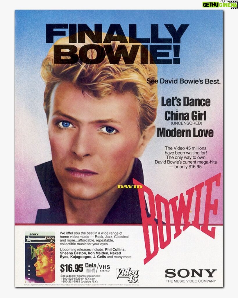 David Bowie Instagram - DAVID BOWIE VIDEO EP IS FORTY “You could look into my eyes...” Around about now, forty years ago, the David Bowie Video EP was released on VHS along with a laser disc in the US and Japan. Containing the promo videos from the Let's Dance album; Let’s Dance, China Girl and Modern Love, this release was the only source of the uncensored China Girl video. To the YouTube generation this probably doesn’t seem a particularly big deal, but forty years ago it was. And if it took your fancy, you could even dwell on a naked David Bowie’s posterior: https://www.youtube.com/watch?v=iK6gAbZdhDc (Linktree in bio) If you’re wondering about the seemingly gratuitous use of a Tony McGee Bowie portrait, a mono image from this session was colourised for the US advert. 📸 Tony McGee #BowieLetsDanceVideoEP #BowieTonyMcGee #BowieLetsDance #Bowie1983