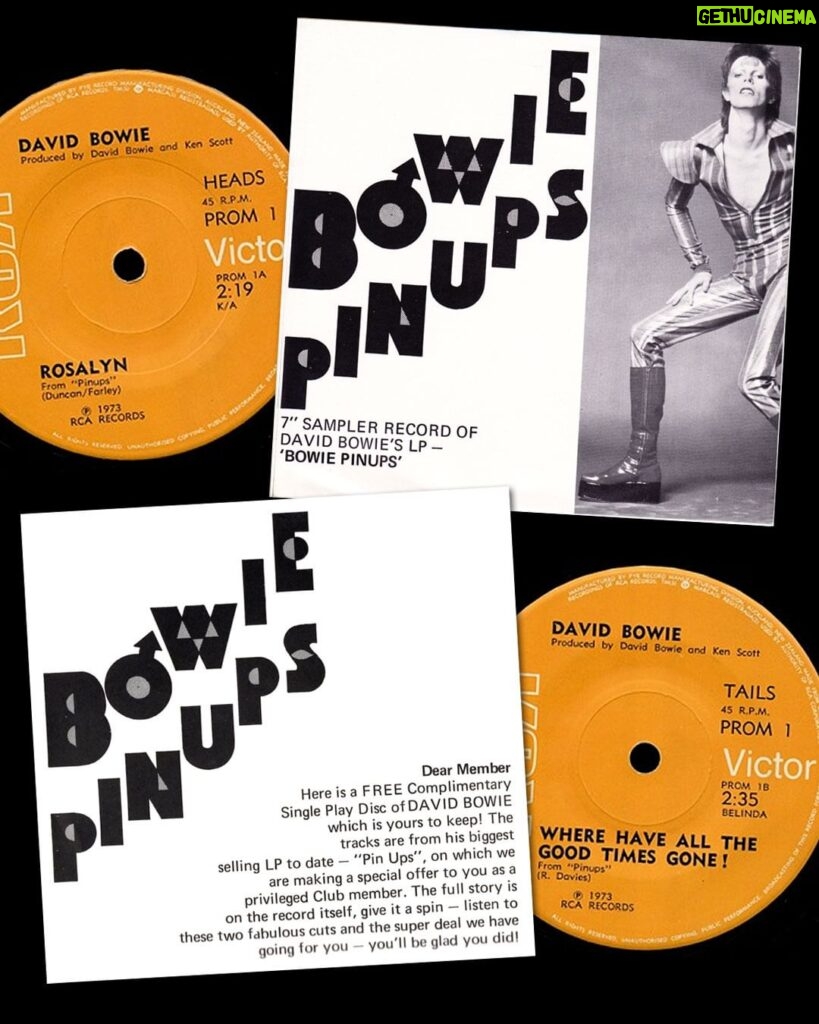 David Bowie Instagram - THE DAVID BOWIE PIN UPS RADIO SHOW “And me I’m on a radio show...” To mark the 40th anniversary of David Bowie’s Pin Ups, the Pin Ups Radio Show was launched on Spotify ten years ago today. Originally recorded as a promotional tool for the release of the record in 1973, but never used, the recording features snippets from Pin Ups interspersed with brief but nevertheless wonderful observations from Bowie regarding some of the bands he covers on the album. Adopting his very best mockney to recall his days as a mod during the period, it's great fun and if you’ve not heard it, it’s still available here: https://spoti.fi/3tYSBsj (Linktree in bio) Vinyl and CD versions of the release were made available in very limited quantities and command fairly stiff prices these days. The closest idea to this promotion back in 1973 was a 7" record sent to RCA Record Club members in New Zealand. Featuring Rosalyn and Where Have All The Good Times Gone the disc introduced listeners to the very enthusiastic Tim, The RCA Stereo Club Disc Jockey. His interjections over each track ensured lucky recipients had to buy the album if they wished to hear the tracks uninterrupted. 📸 Mick Rock #BowiePinUps50 #BowiePinUpsRadioShow