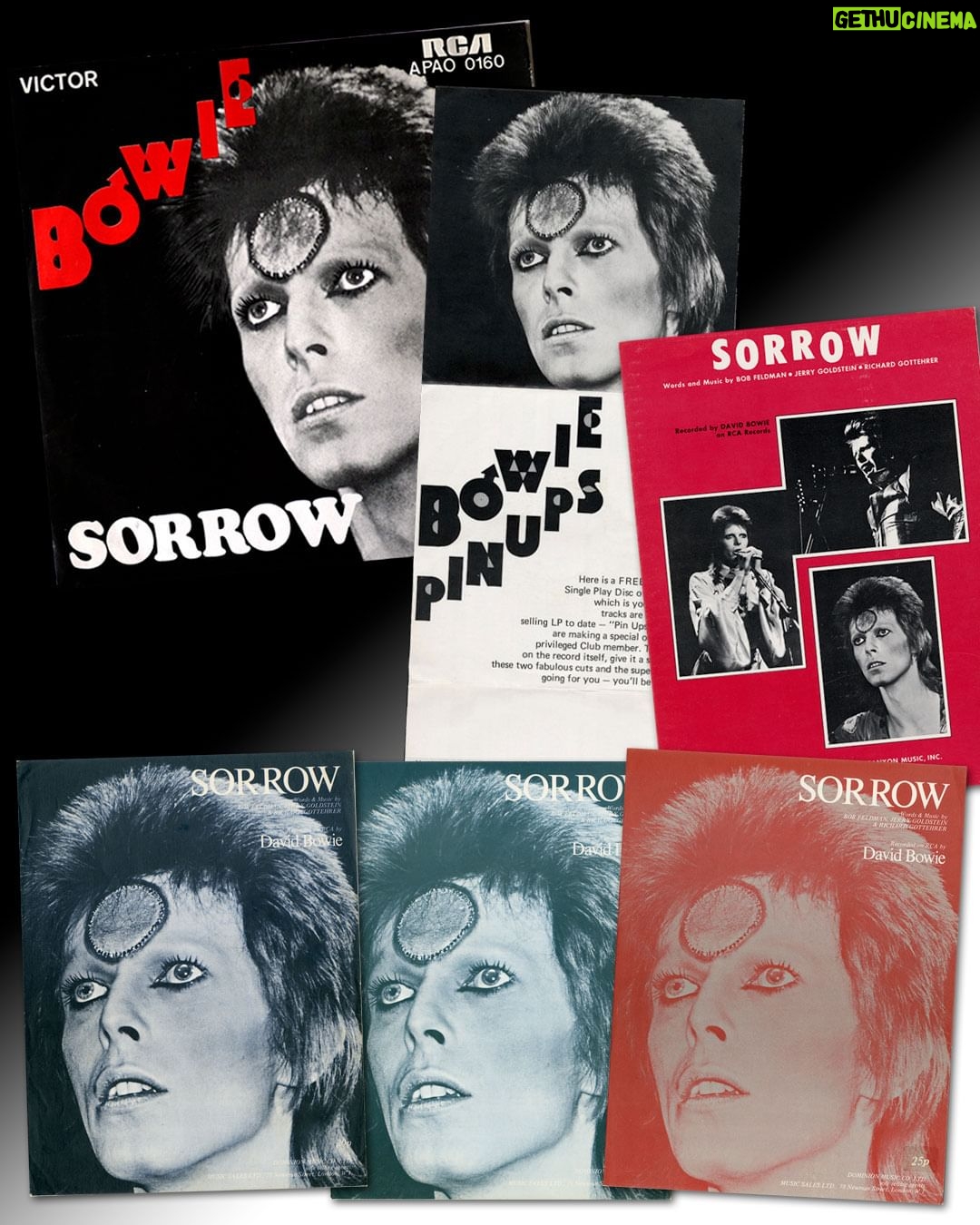 David Bowie Instagram - SORROW SINGLE IS FIFTY TODAY “You’re out there playing your high class games of sorrow…” As you know, next week marks the 50th anniversary of Bowie's #1 album Pin Ups, originally released 19th October 1973. Just one single was issued from the album in the UK, a version of The McCoys’ Sorrow, which later enjoyed wider recognition via The Mersey’s rendition. Bowie’s superb stab at the song reached #3 in the UK and it also gave him his first #1 anywhere in the world when it hit the top spot in Australia, New Zealand, and South Africa. Following mono adverts of the Pin Ups sleeve advertising Sorrow in this week’s music press fifty years ago, variations of our main image (taken by @therealmickrock) were used in the promotion of Sorrow, as you can see from the second slide, including three UK versions of the sheet music. The sweet surprise all those years ago was another cover, Bowie’s sublime version of Amsterdam on the B side of Sorrow...more of which soon. #BowiePinUps50 #BowieSorrow50
