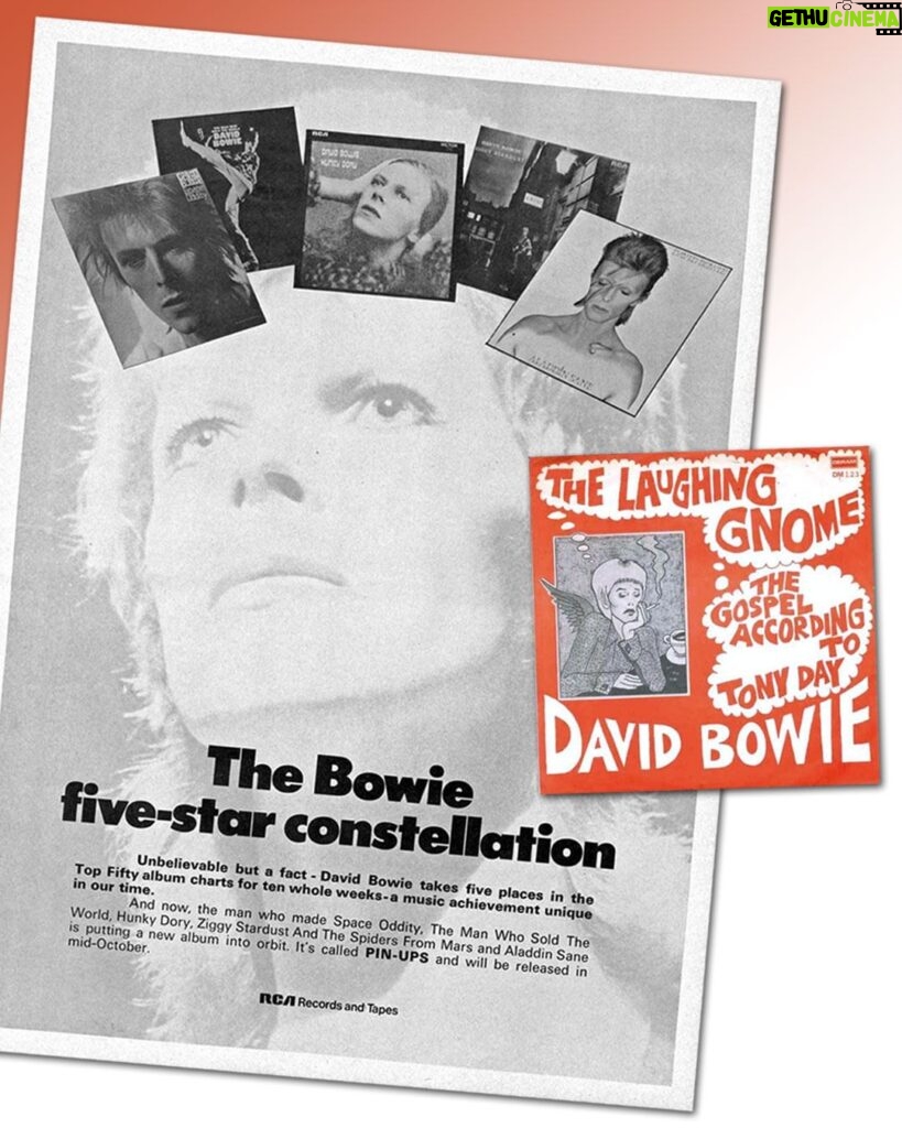 David Bowie Instagram - BOWIE’S UNIQUE ACHIEVEMENT - PART 1 “I look to the stars…” Fifty years ago today, full-page adverts were published in the music weeklies and trade mags to mark Bowie’s extraordinary performance on the UK album charts. With the appearance of the ‘The Bowie five-star constellation’ advert (see second image), it was clear that RCA was more than happy with the way things were going for David Bowie. Here’s the wording from that advert: + - + - + - + - + - + - + - + - + - + - + - + - + - + - + The Bowie five-star constellation Unbelievable but a fact - David Bowie takes five places in the Top Fifty album charts for ten whole weeks - a musical achievement unique in our time. And now, the man who made Space Oddity, The Man Who Sold The World, Hunky Dory, Ziggy Stardust And The Spiders From Mars and Aladdin Sane is putting a new album into orbit. It’s called PIN-UPS and will be released in mid-October. + - + - + - + - + - + - + - + - + - + - + - + - + - + - + Things got even crazier with the release of Pin Ups in October, but that’s a whole other story. The colour image here was one of Mick Rock’s live shots. Often mislabelled as a photo from the final show of the tour at Hammersmith on 3rd July, it isn’t. It was most likely taken at the previous performance at the same venue on the 2nd July. Aside from an adjacent frame being the background image for the advert, the picture in the advert also ended up on the back sleeve of Pin Ups. But that’s a whole... Finally, as the Life On Mars? 45 slid out of the UK singles chart, a little old man in scarlet and grey was ascending the same on his way to #6. But that’s... FOOTNOTE: The sleeve for The Laughing Gnome that appears on the second slide is the 1973 Danish release which contained the UK pressing. There was no picture sleeve in the UK. 📸 Mick Rock #Bowie5StarConstellation #AladdinSane50 #BowiePinUps50 #Bowie2023Anniversaries