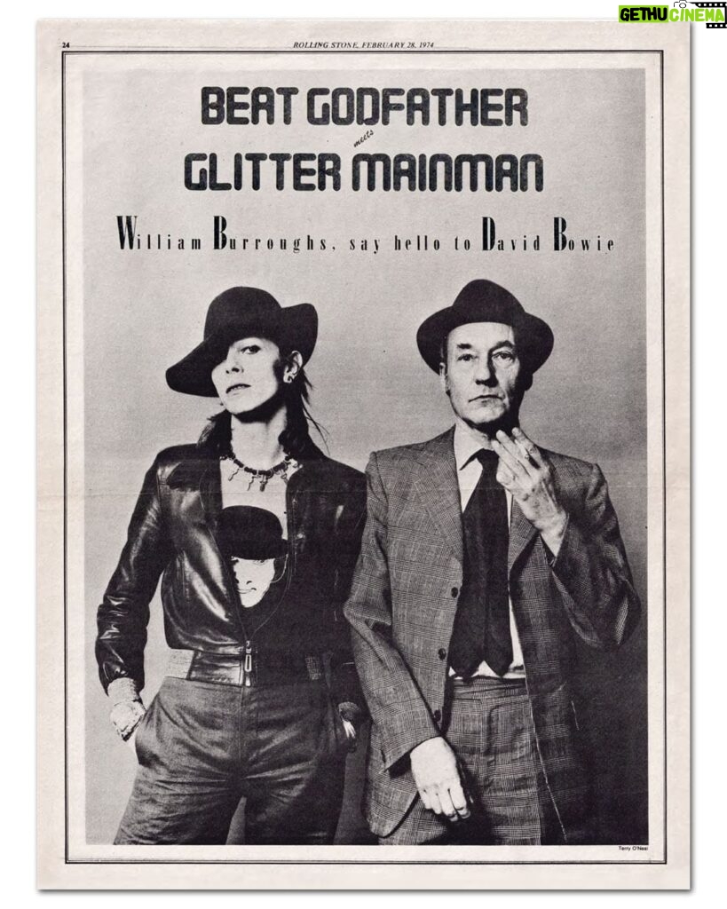 David Bowie Instagram - BOWIE AND BURROUGHS IN ROLLING STONE 50 YEARS AGO TODAY “If you want it, boys, Get it here thing…” Fifty years ago today on 28th February 1974, Rolling Stone published a double interview with William Burroughs and David Bowie overseen by Craig Copetas. Titled Beat Godfather Meets Glitter MainMan the interview took place on 17th November 1973 in Bowie’s London home, with pictures taken by Terry O’Neill. It’s a fascinating read, and a great snapshot of the time, You can read the full thing here over on the brilliant Bowie resource, Bowie Golden Years: https://www.bowiegoldenyears.com/press/74-02-28-rolling-stone.html (Linktree in bio) Before you go though, it may be worth bearing this snippet in mind from the interview... + - + - + - + - + - + - + - + - + - + - + - + - + Bowie: I change my mind a lot. I usually don't agree with what I say very much. I'm an awful liar. Burroughs: I am too. Bowie: I'm not sure whether it's me changing my mind, or whether I lie a lot. It's somewhere between the two. I don't exactly lie, I change my mind all the time. People are always throwing things at me that I've said and I say that I didn't mean anything. You can't stand still on one point your entire life. + - + - + - + - + - + - + - + - + - + - + - + - + Aside from Terry’s images, the colour shot is of the hand-coloured Wild Boys badge Bowie made. He is pictured wearing it at Studio 54. The final image is Jimmy King’s portrait of Bowie sat beneath one of Terry’s portraits in 2013. #BowieBurroughs #BowieRollingStone #BowieONeill