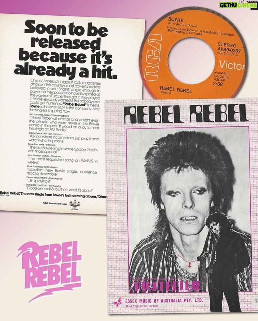 David Bowie Instagram - REBEL REBEL 45 IS FIFTY TODAY “Hot tramp, I love you so…” Though the press adverts proclaimed that it was a Valentine’s Day release, Rebel Rebel was actually issued fifty years ago today on the 15th of February 1974. The release, which had already been put back two weeks (original printed release date on demo label is Feb 1st), was an edited version of the song and a first taste from the upcoming Diamond Dogs LP, though it was considered a bit of a curveball compared to much of the music on that album. The single was backed with Queen Bitch. It was the first release since the dissolution of The Spiders From Mars, though stylistically it may have been more at home on Aladdin Sane, with its up-tempo, Stonesy feel and with an unmistakable and instantly recognisable riff that he was more than grateful to have conjured up, later saying of it: “It’s a fabulous riff! Just fabulous! When I stumbled onto it, it was ‘Oh, thank you!’”. The track reached #5 on the UK singles chart (Bowie’s sixth Top Five single in the UK), and even managed a placing in the US Billboard Hot 100, no doubt helped by the exclusive New York Mix, which was almost a minute and a half shorter than the regular single mix. The New York Mix was released in North America and Mexico in May 1974 backed with Lady Grinning Soul. This second version was more urgent than the original, with a backward echo effect on the new la, la, la, la, la, la, la, la, la, la backing vocals, castanets, and more general excitement all round...more akin to the live version that would be performed shortly on the US Diamond Dogs tour. #DiamondDogs50 #1974TheYearOfTheDiamondDogs #BowieRebelRebel50
