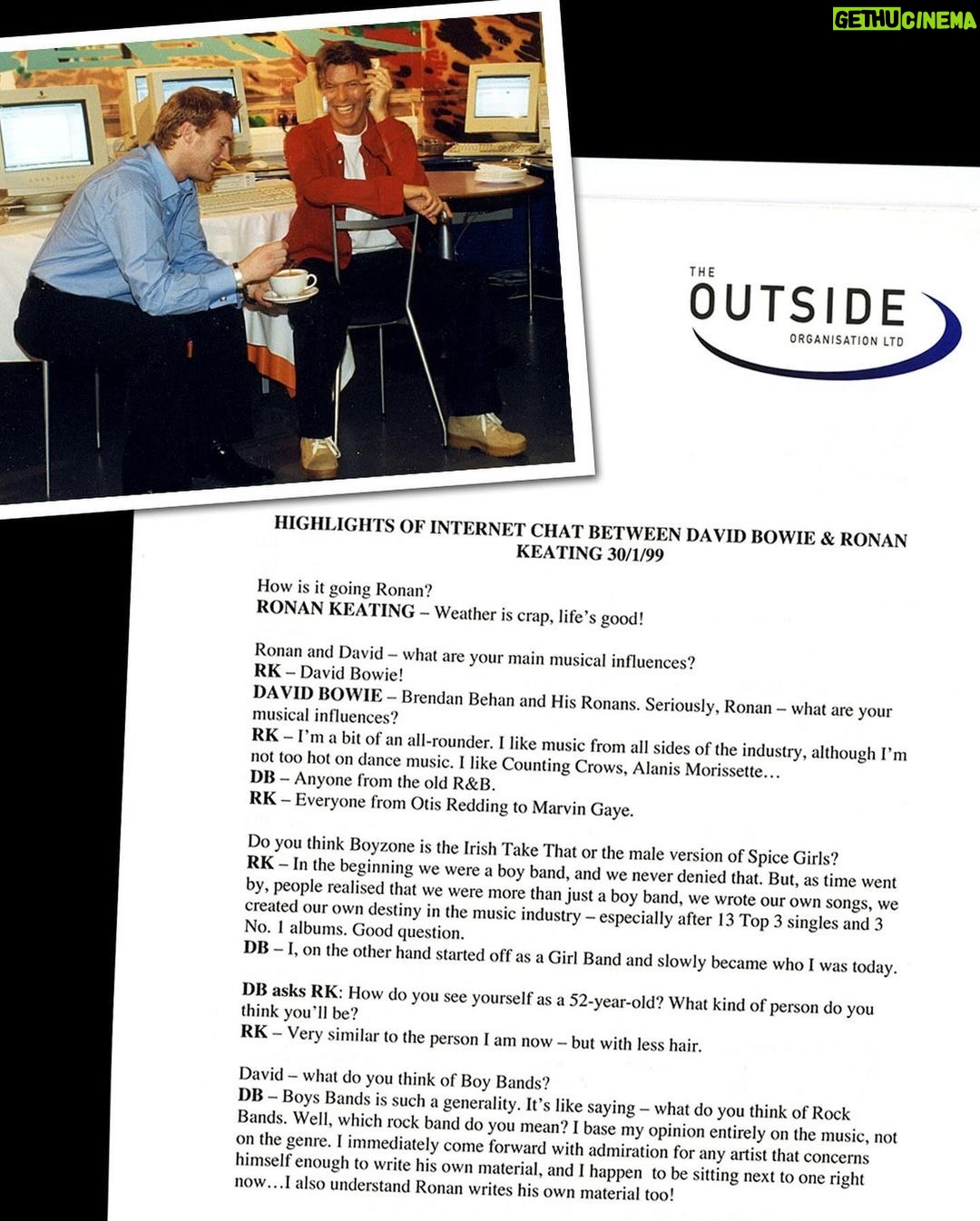 David Bowie Instagram - DAVID AND RONAN’S 25-YEAR-OLD BOWIENET CHAT “Nowhere, Shampoo, TV, come back, Boy's Own…” Today we look back 25 years to January 30th, 1999, and another BowieNet chat, which took place in the offices of Outside in London. David was chatting with Boyzone singer, Ronan Keating. Thanks to Paul Kinder over at BowieWonderworld, you can read the full transcript here: https://www.bowiewonderworld.com/chats/dbchatronan0199.htm (Linktree in bio) #BowieNet #BowieNetChat
