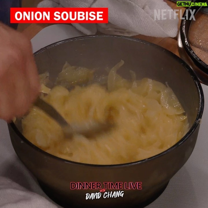 David Chang Instagram - WARNING: Onion Soubise will make you cry! First because you gotta cut up those onions and then AGAIN when you add it to David’s absolutely heavenly potato chip, fried egg, and caviar menu item from the #HighLow episode. Will you be trying this Onion Soubise recipe on your own potato chip and egg creation? Tag us to show us how yours turned out! Full recipes from #DinnerTimeLive’s High-Low Menu are available now via the link in bio!