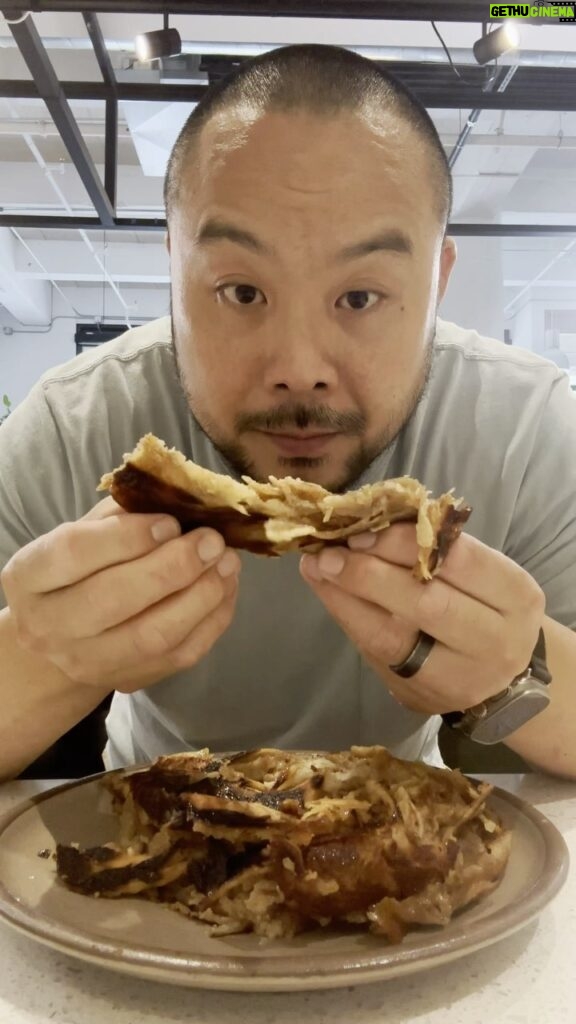 David Chang Instagram - Messing around in kitchen…a venn diagram of: roti canai, cinnamon bun, Austrian strudel, scallion pancake, 🇰🇷 hotteuk. Initially was trying to play around with roti canai…but ended up at Cinnabon at the food court in a South Korean shopping mall Stretching the dough hand like the roti canai masters is not in my realm of possibilities.