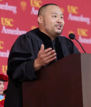 David Chang Instagram - Commencement speech time @uscannenberg…congrats to the all 2023 graduates 🎓. 
I guess I’m rooting for the Trojans now 🙏 #fighton