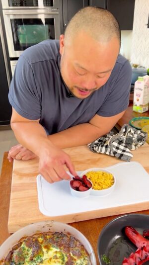 David Chang Instagram - Microwaved boxed mac and cheese ...never thought I'd make as much of it as I do now. Hugo especially is a pickier eater now, and Chris and I talk a lot about how to approach it all on @davechangshow 🧀+🌭= 🔑 

With the help of our friends @buybuybaby, we're kicking off the Clean Plate Club with video on @majordomomedia youtube and on the pod to talk about how we're tackling cooking for our kids 

#buybuyBABYpartner #welcometoparenthood