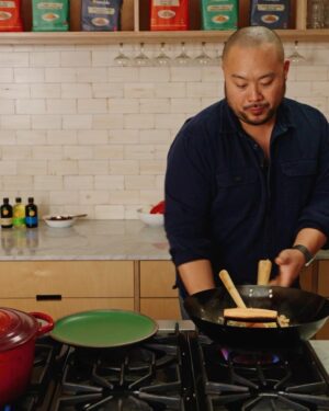 David Chang Instagram - Fried rice is the best breakfast…probably make this for breakfast more than anything else. Whatever is leftover in the fridge goes in - also used @momofukugoods soy, savory, and chili crunch. Watch the full video at the link in my bio.