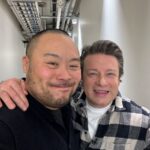 David Chang Instagram – Look who I bummed into on @goodmorningamerica….@jamieoliver. He’s got a terrific new cookbook out. 5 ingredients: Mediterranean 

….also @chrissyteigen and I talk about our new show ‘Chrissy and Dave dine out’ on @freeform streaming next day on @hulu.