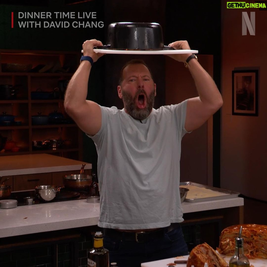 David Chang Instagram - This week’s #DinnerTimeLive with @davidchang had so many layers. Did anyone count how many layers there were in the Timparmo? Was it 30? Wait… that’s how many meatballs Bill Simmons eats in a month (approximately). We’ll get back to you on the exact math later. If you missed the #DavidCooksItalian episode featuring guests @bertkreischer & @billsimmons–it’s streaming NOW on @netflix!