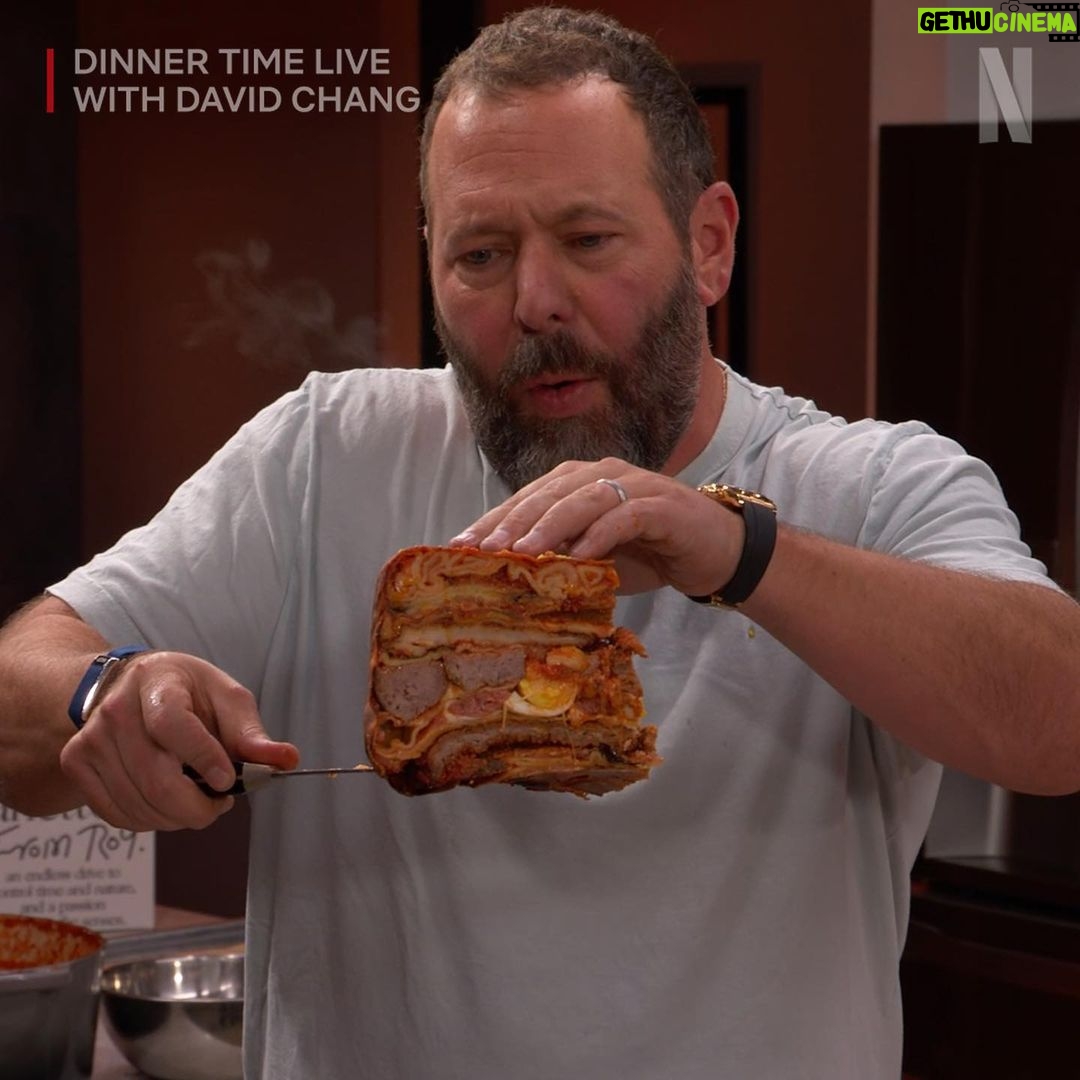 David Chang Instagram - This week’s #DinnerTimeLive with @davidchang had so many layers. Did anyone count how many layers there were in the Timparmo? Was it 30? Wait… that’s how many meatballs Bill Simmons eats in a month (approximately). We’ll get back to you on the exact math later. If you missed the #DavidCooksItalian episode featuring guests @bertkreischer & @billsimmons–it’s streaming NOW on @netflix!