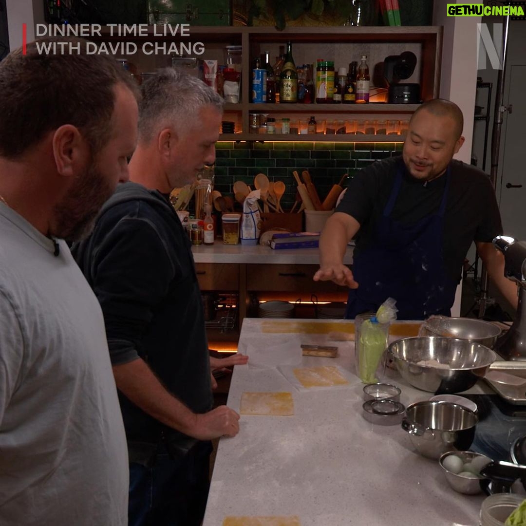 David Chang Instagram - This week’s #DinnerTimeLive with @davidchang had so many layers. Did anyone count how many layers there were in the Timparmo? Was it 30? Wait… that’s how many meatballs Bill Simmons eats in a month (approximately). We’ll get back to you on the exact math later. If you missed the #DavidCooksItalian episode featuring guests @bertkreischer & @billsimmons–it’s streaming NOW on @netflix!
