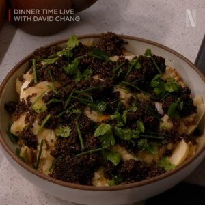 David Chang Instagram - Last night on @dinnertimelive was wild! Big shout-out to @sethrogen and @ikebarinholtz for bringing the laughs and seriously impressive eating skills. No caviar was wasted in the filming of last nights episode.  We won’t cook like that very often! Thanks uncle Ted! 

Every week we’re trying to push ourselves, trying new things, making new mistakes and shifting gears. Cooking live with —no script, no second chances, no commercial breaks…while hosting guests and talking and keeping time. It’s much harder than it looks.  It feels like we’re opening a new restaurant with a new menu every Tuesday at the row DTLA. 

Grateful for Netflix giving me this platform. I’m on the stoves prepping and cooking solo, but the real magic is the team making it all come together off-camera 🙏 Missed the live show? Catch up on all the episodes now on @netflix. #dinnertimelive